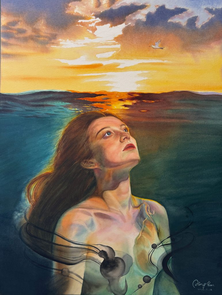 Expressive figurative watercolor painting of a woman emerging from deep blue water, looking up toward a golden sunset sky, titled "Between Breath and Light" by Yanqing Huang.
