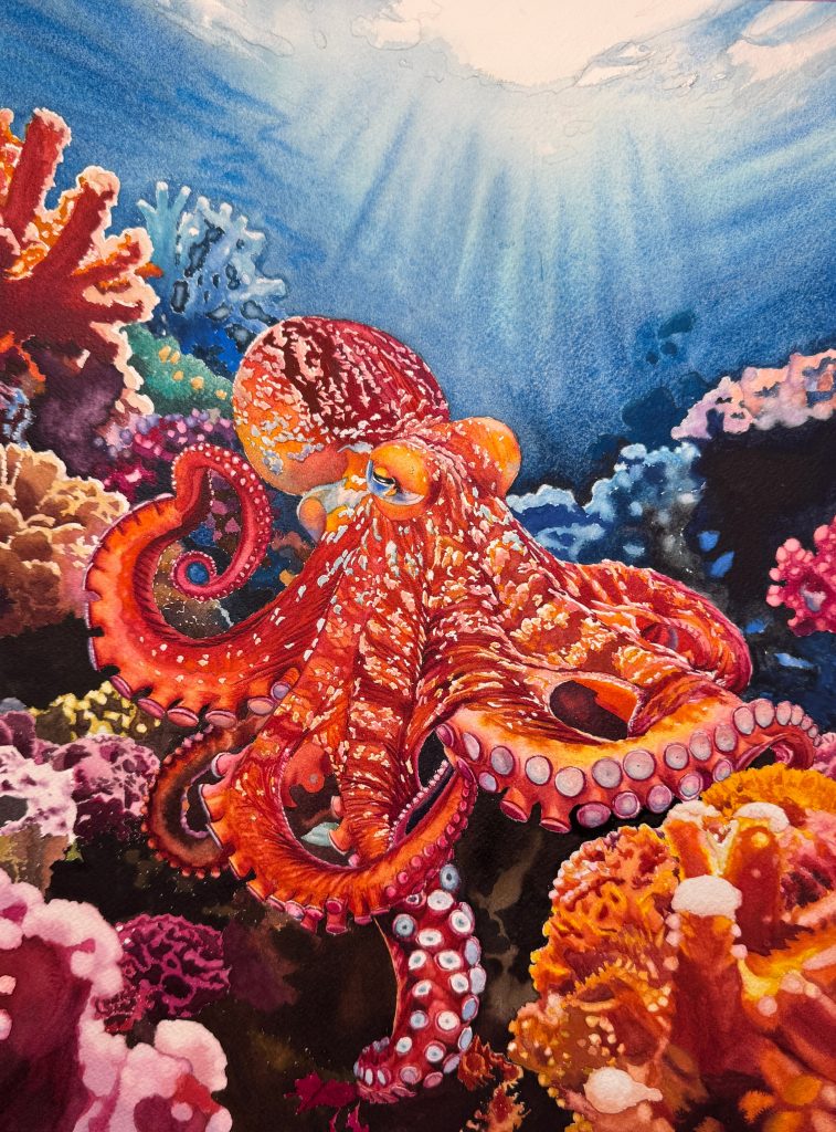 Highly detailed and vibrant watercolor painting of a giant Pacific octopus surrounded by dynamic coral formations, titled "Splendid Coral Realm" by Yanqing Huang (QingQing).