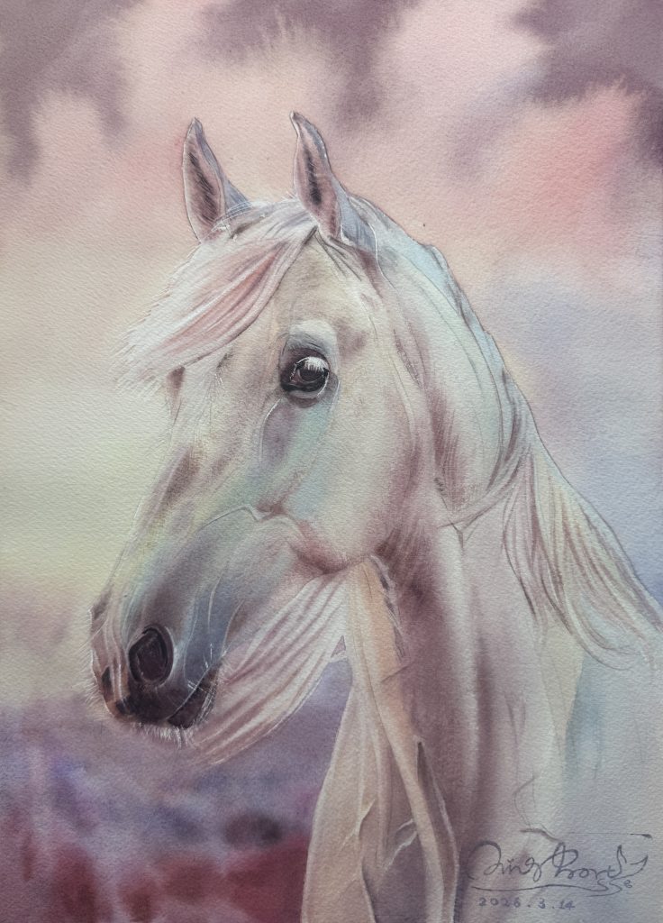 Realistic watercolor portrait of a graceful white horse bathed in soft morning light, titled "Luminous Dawn Horse" by Yanqing Huang.