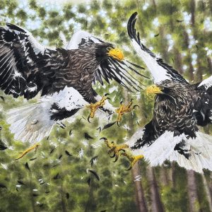 Dynamic watercolor painting of two eagles fighting in mid-air with flying feathers, panoramic wildlife art by QingQing