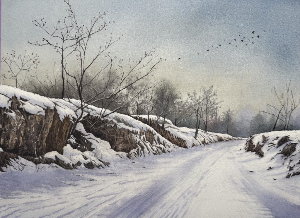 Realistic watercolor painting of a serene snow-covered countryside road with bare trees and a flock of birds flying in the winter sky, titled "Homeward Bound: Auspicious Winter Snow" by Yanqing Huang.