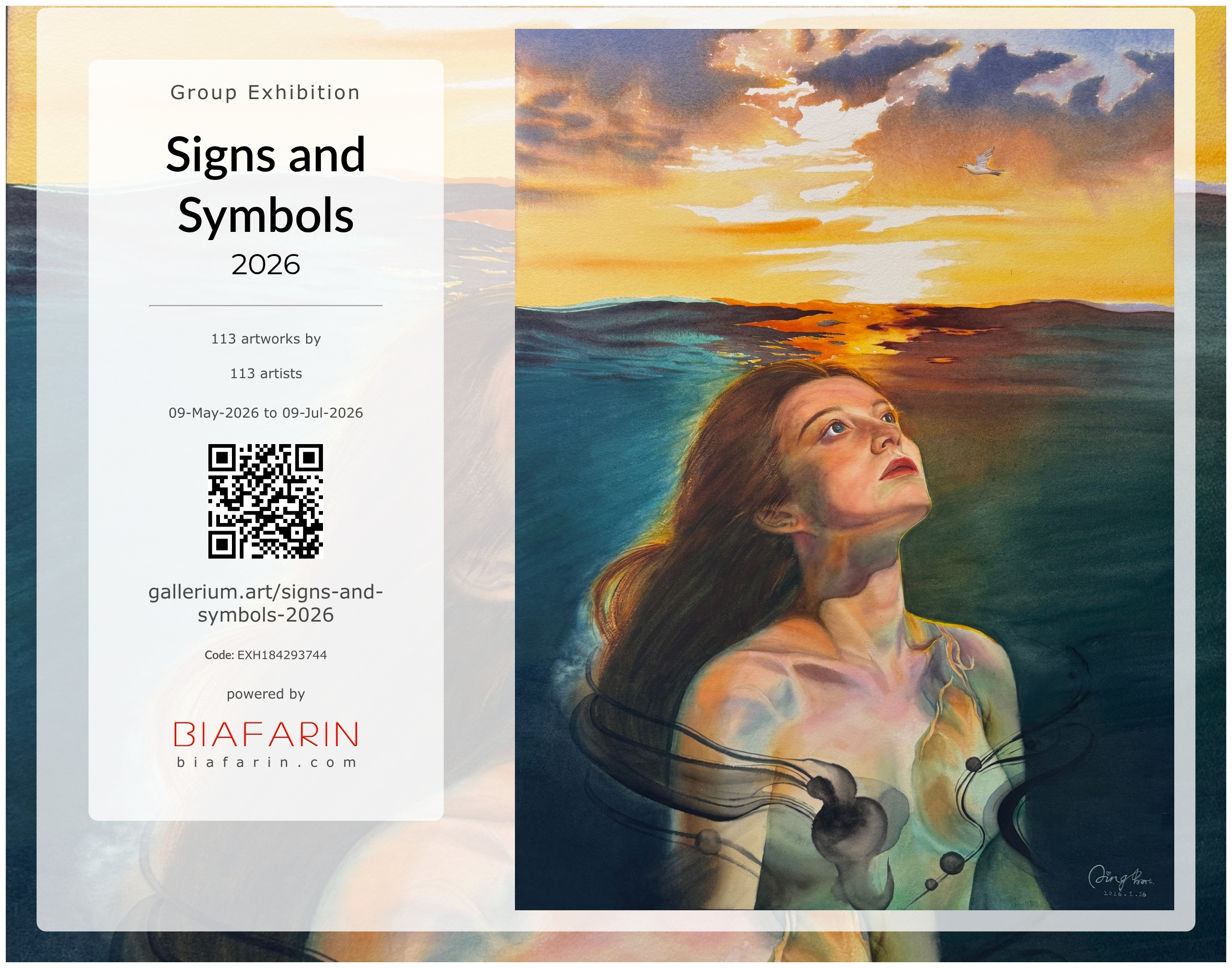 Official exhibition poster with a QR code for Yanqing Huang's painting "Between Breath and Light", selected for the Signs and Symbols 2026 exhibition organized by Gallerium.