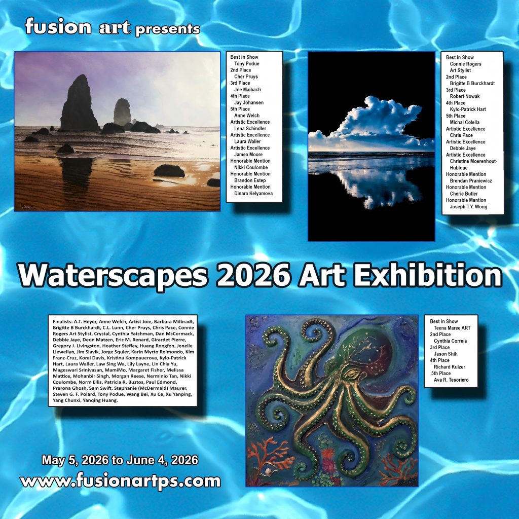 Official promotional postcard for the Waterscapes 2026 Art Exhibition by Fusion Art, listing Yanqing Huang as a Finalist.