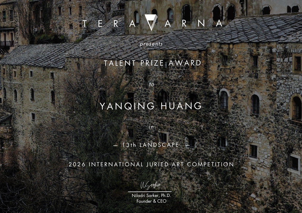 Official Talent Prize award certificate presented to Yanqing Huang by TERAVARNA Art Gallery for the 13th LANDSCAPE International Juried Art Competition.
