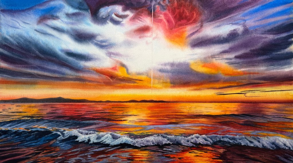 Serene watercolor painting of a vivid sunset over calm ocean waters, featuring a striking vertical pillar of light breaking through the clouds, titled "Radiant Pillar" by Yanqing Huang.