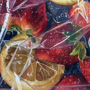 Hyper-realistic watercolor painting of strawberries and citrus wrapped in plastic, kitchen wall decor by QingQing