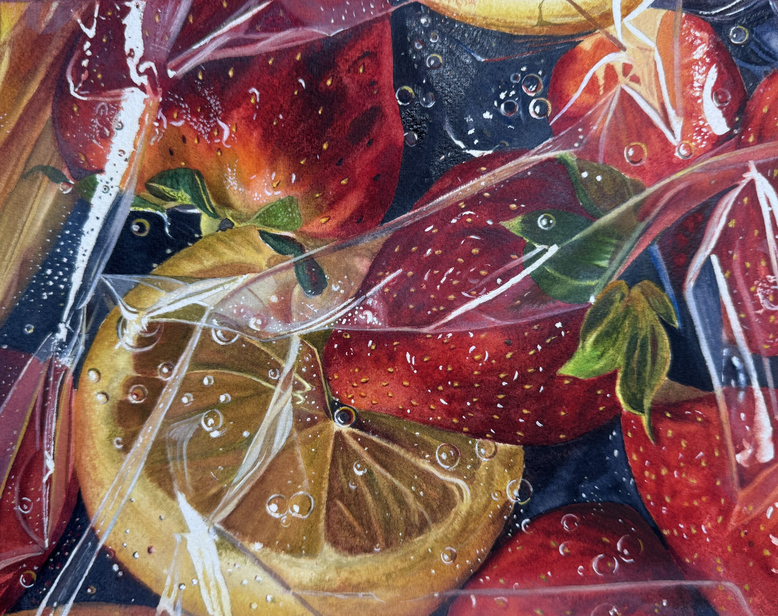 Hyper-realistic watercolor painting of strawberries and citrus wrapped in plastic, kitchen wall decor by QingQing