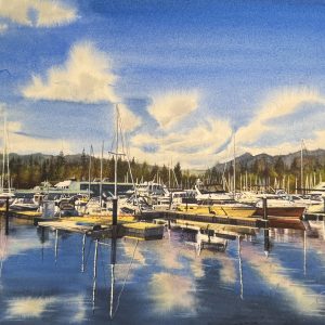 Tranquil watercolor painting of Vancouver harbor with boats and water reflections, framed nautical wall art by QingQing