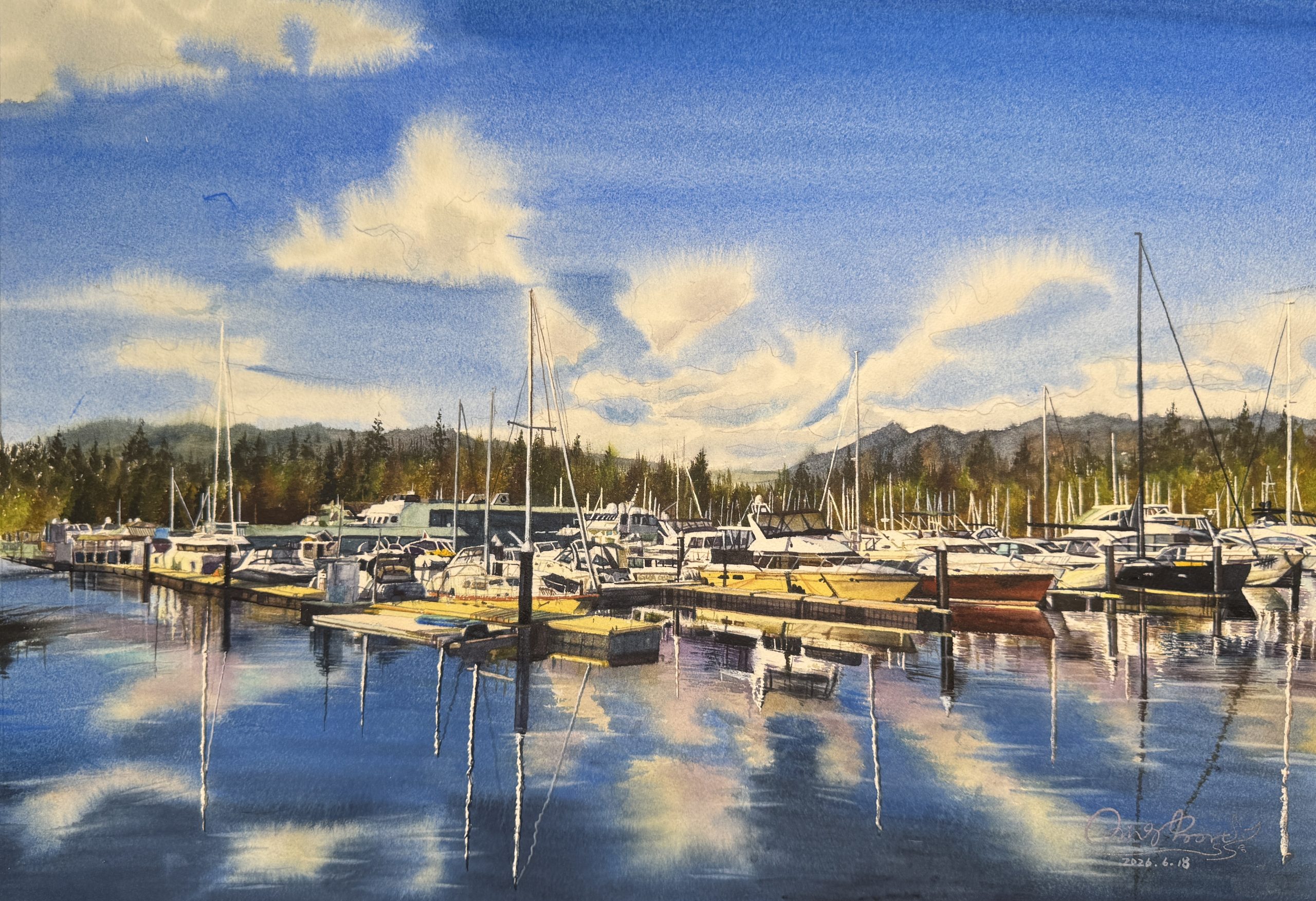 Tranquil watercolor painting of Vancouver harbor with boats and water reflections, framed nautical wall art by QingQing