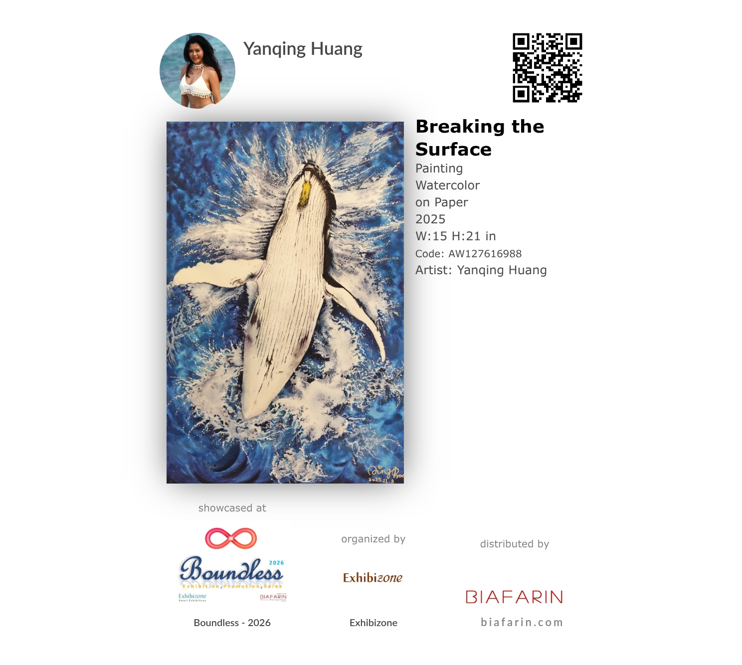 Official promotional artwork badge for Yanqing Huang's painting Breaking the Surface, selected for the Exhibizone Boundless 2026 smart exhibition.