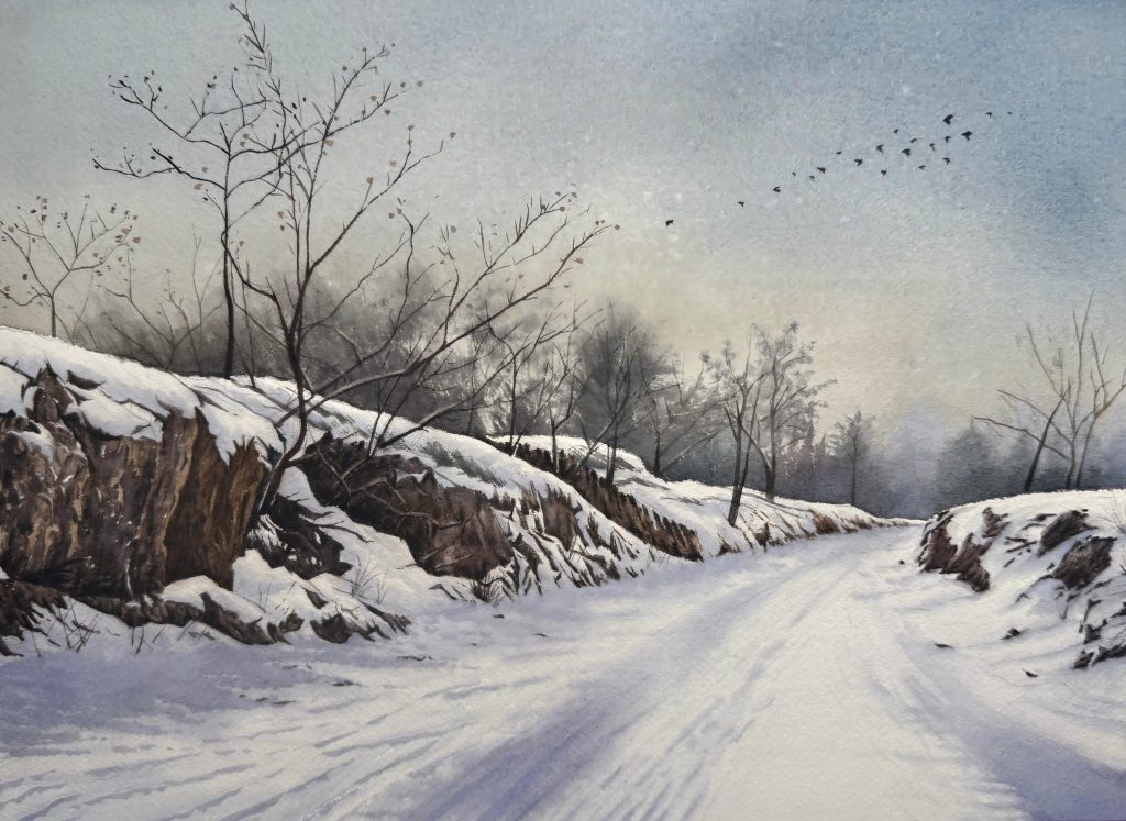 Realistic watercolor painting of a serene snow-covered countryside road with bare trees and a flock of birds flying in the winter sky, titled "Homeward Bound: Auspicious Winter Snow" by Yanqing Huang.