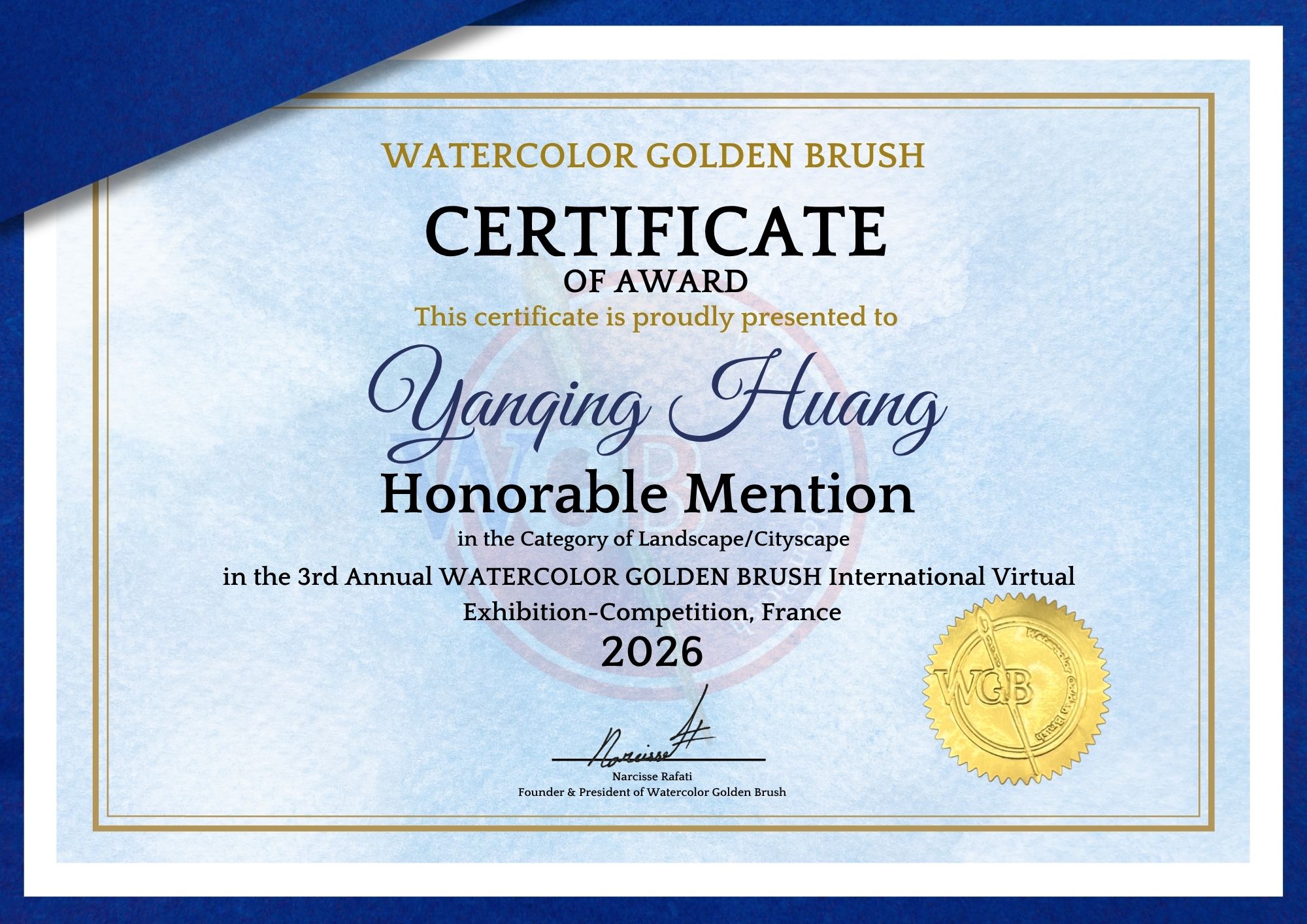Official Honorable Mention certificate awarded to Yanqing Huang by Watercolor Golden Brush 2026 in France for the Landscape and Cityscape category.