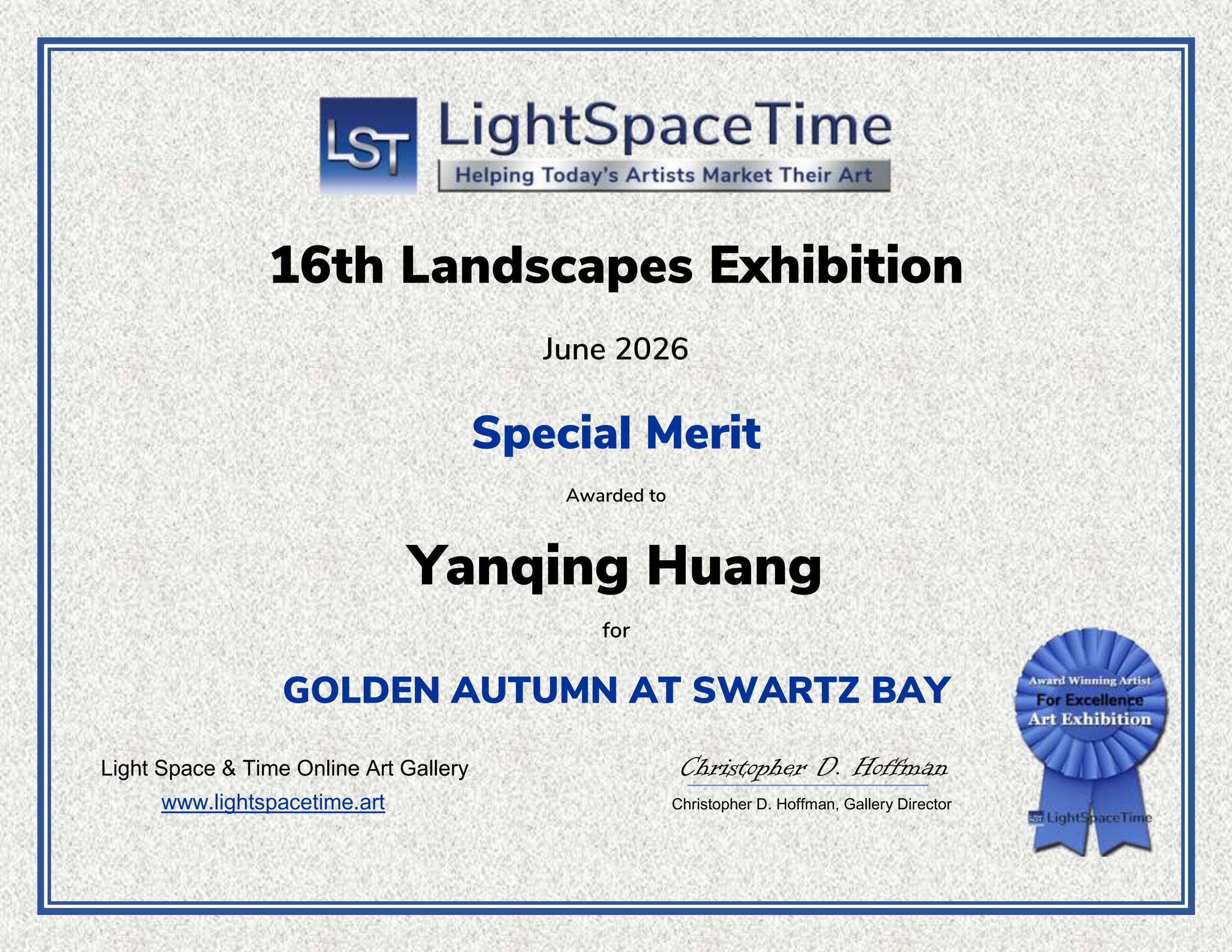 Official Special Merit award certificate presented to Yanqing Huang by Light Space & Time Online Art Gallery for the 16th Landscapes Exhibition in June 2026.