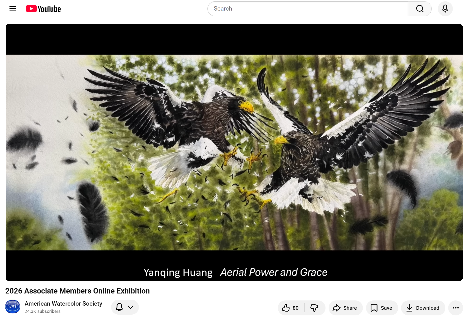 Screenshot of the American Watercolor Society YouTube channel showcasing Yanqing Huang's painting Aerial Power and Grace in the 2026 Associate Members Online Exhibition video.