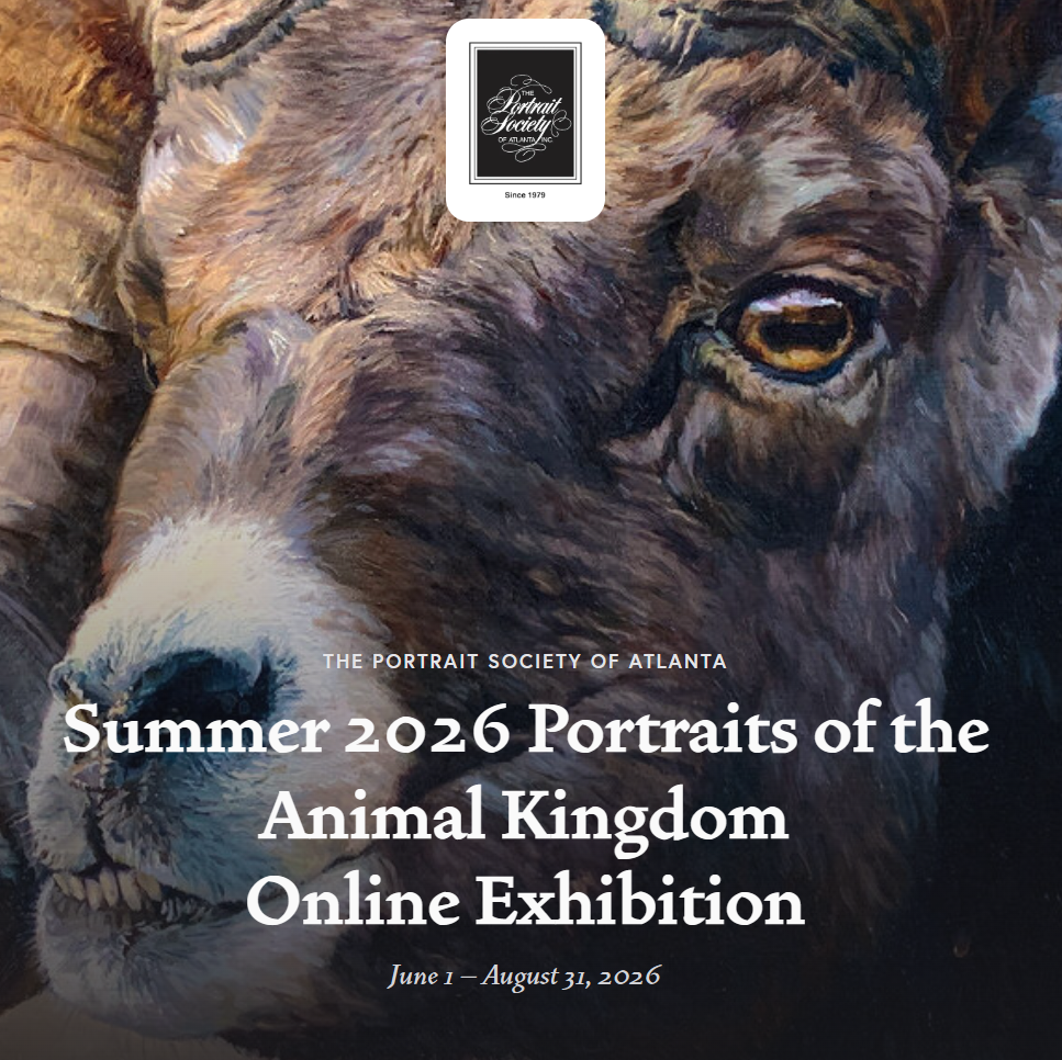 Official promotional poster for the Portrait Society of Atlanta Summer 2026 Portraits of the Animal Kingdom Online Exhibition featuring a bighorn sheep painting.
