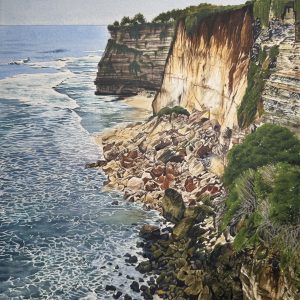 Hyper-realistic watercolor painting of Pecatu Cliff in Bali with crashing ocean waves, original coastal landscape by QingQing