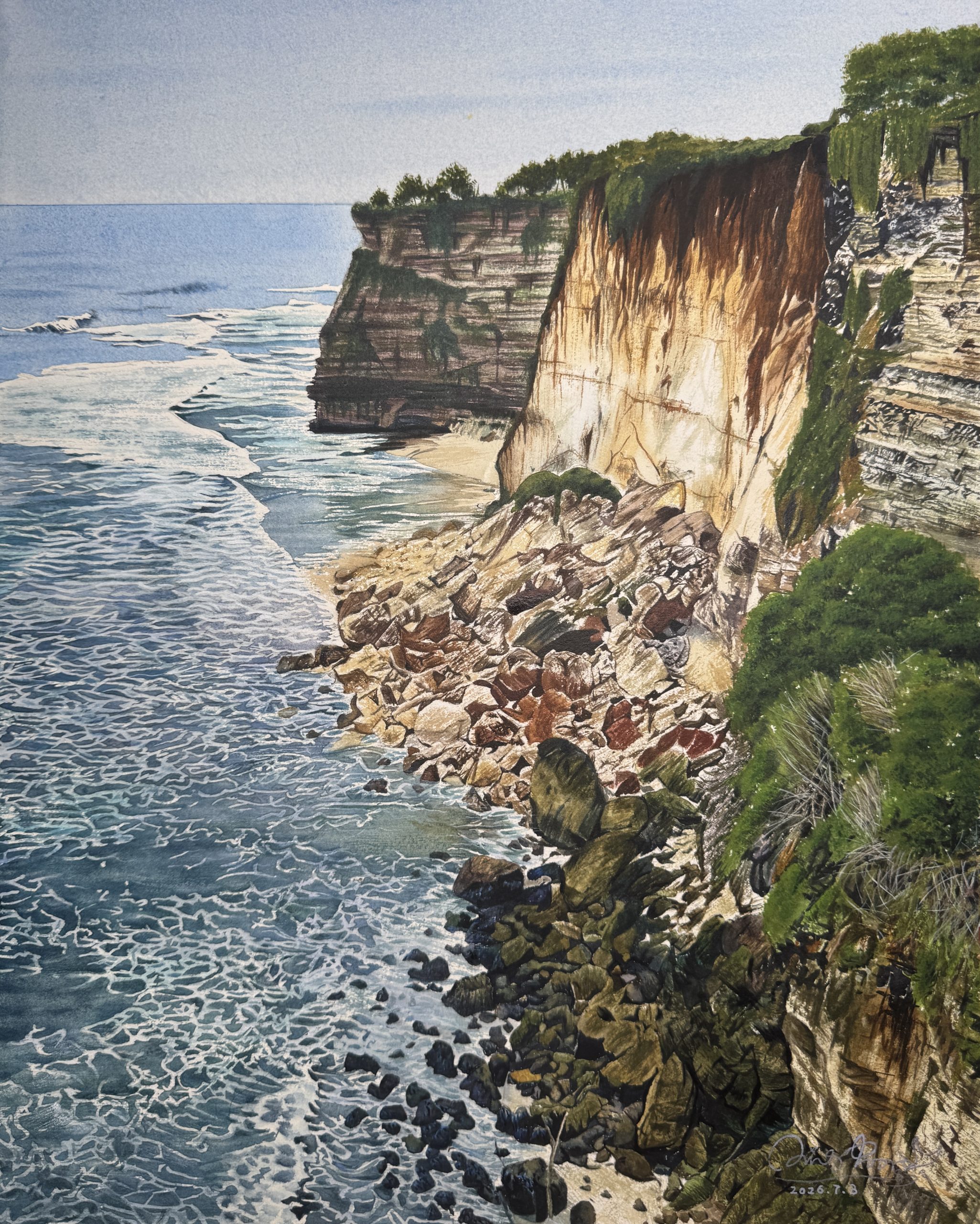 Hyper-realistic watercolor painting of Pecatu Cliff in Bali with crashing ocean waves, original coastal landscape by QingQing