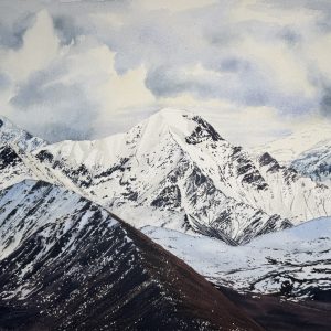 Hyper-realistic watercolor painting of snow capped mountains and atmospheric clouds, original landscape art by QingQing