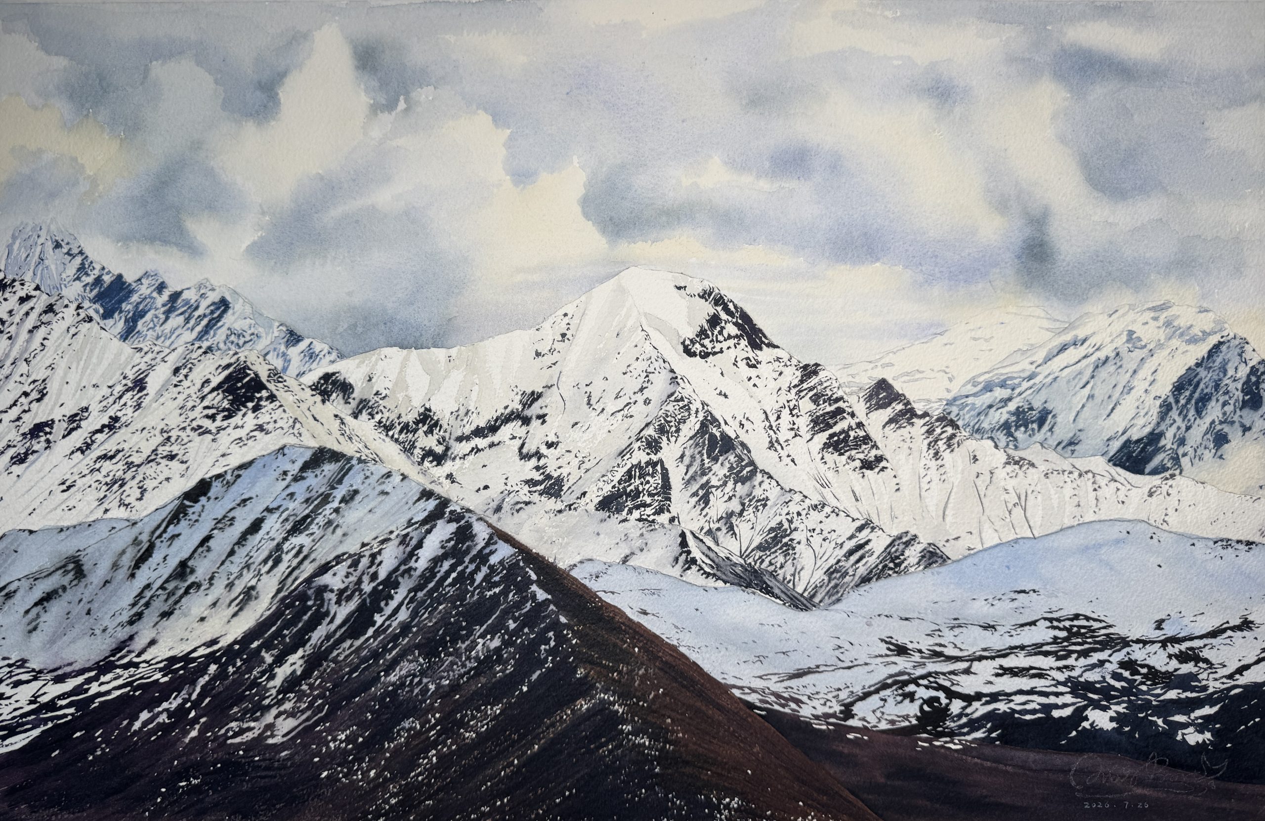 Hyper-realistic watercolor painting of snow capped mountains and atmospheric clouds, original landscape art by QingQing