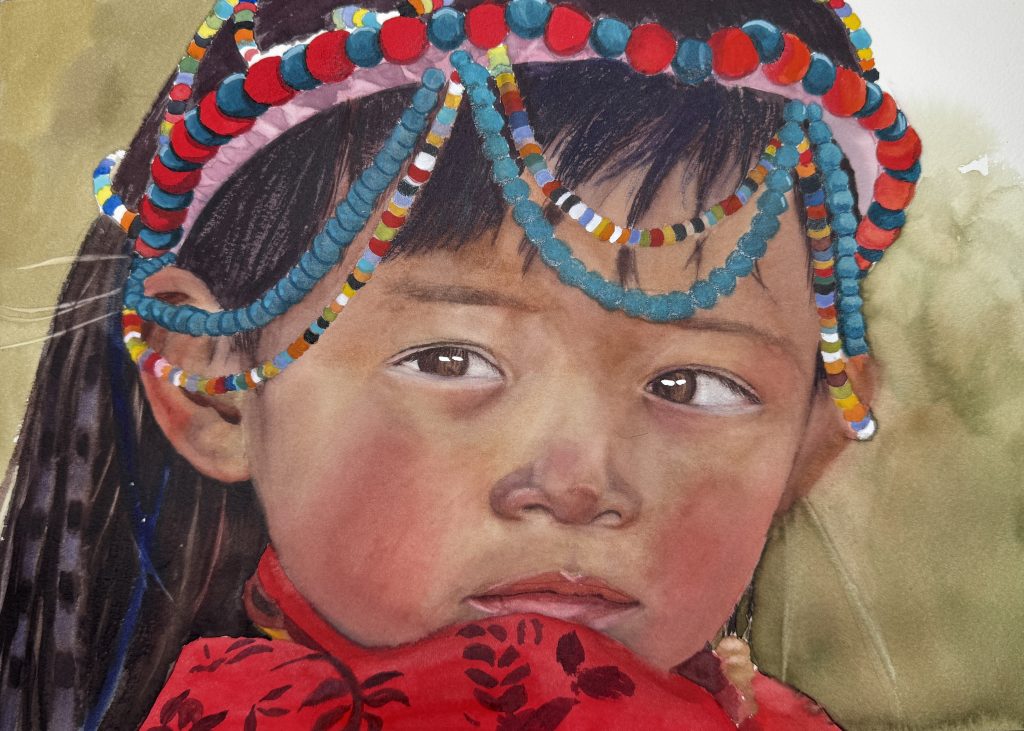 Realistic watercolor portrait painting of a young plateau girl with rosy cheeks and colorful beaded headwear, titled Eyes of the Plateau by Yanqing Huang.