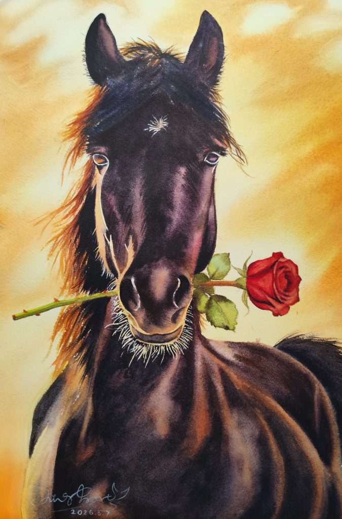 Realistic watercolor painting of a beautiful black horse holding a vibrant red rose in its mouth against a warm golden background, titled "The Black Horse with a Red Rose" by Yanqing Huang.