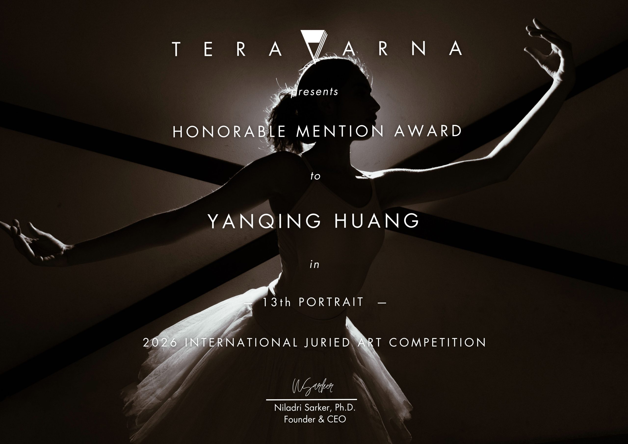 Official Honorable Mention certificate awarded to Yanqing Huang by Teravarna for the 13th Portrait International Juried Art Competition.