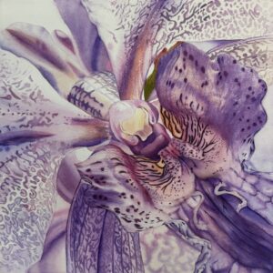 A highly detailed macro watercolor painting of a purple bloom, showcasing intricate speckled patterns and deep amethyst hues on the petals.