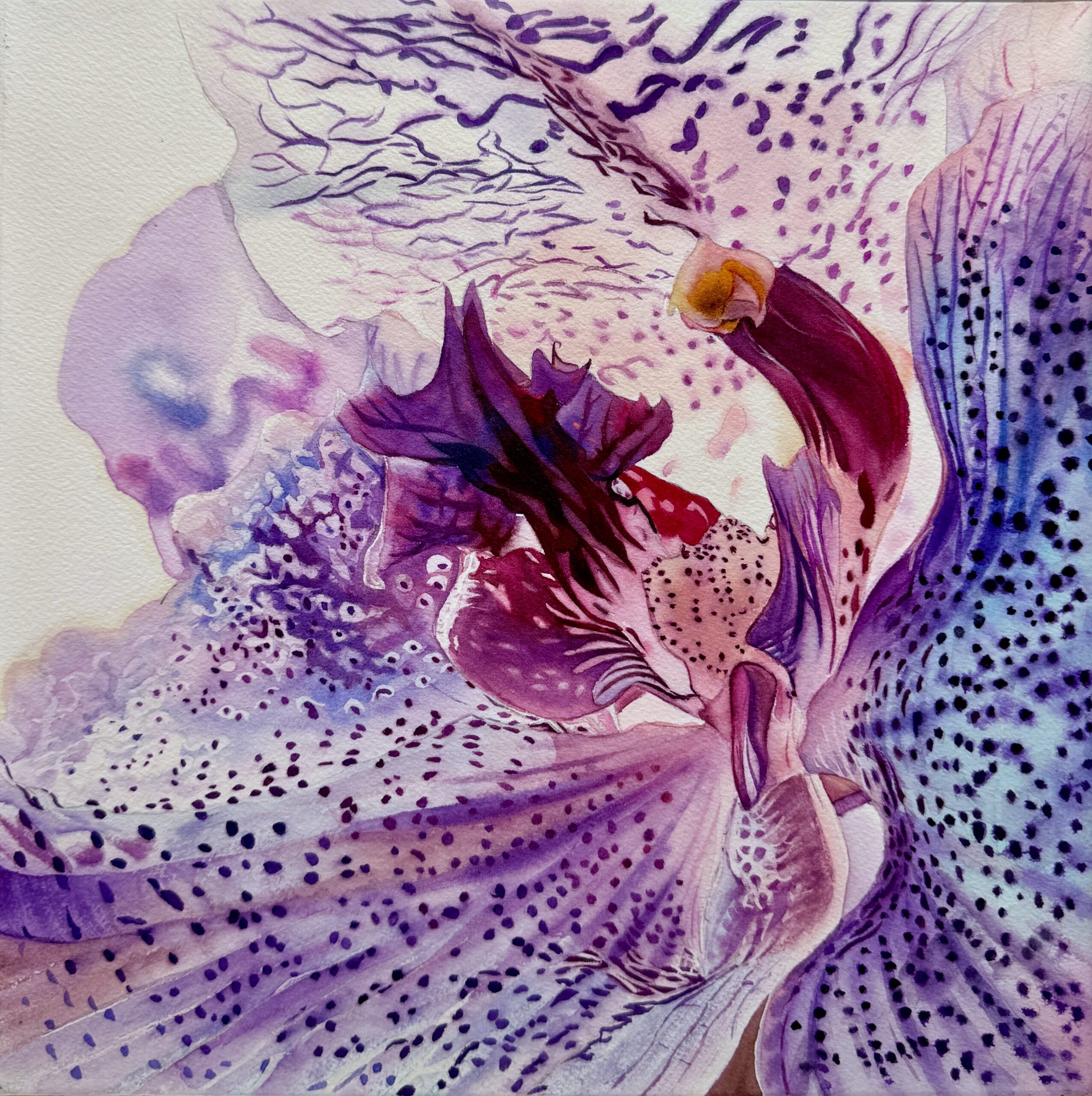 A highly detailed macro watercolor painting of a violet flower, showcasing intricate dark speckles and deep magenta and purple hues on the petals.