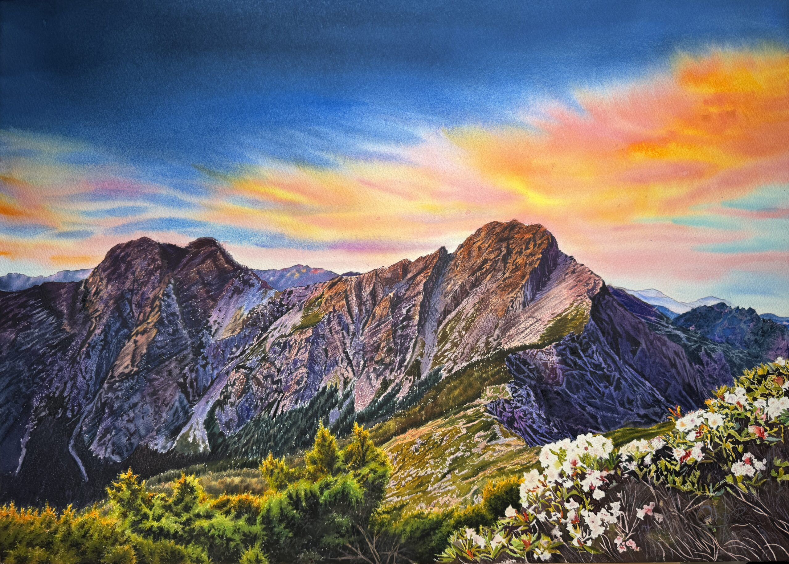 A large vibrant watercolor painting of a majestic purple mountain illuminated by a golden and pink sunrise, with blooming alpine flowers in the foreground.